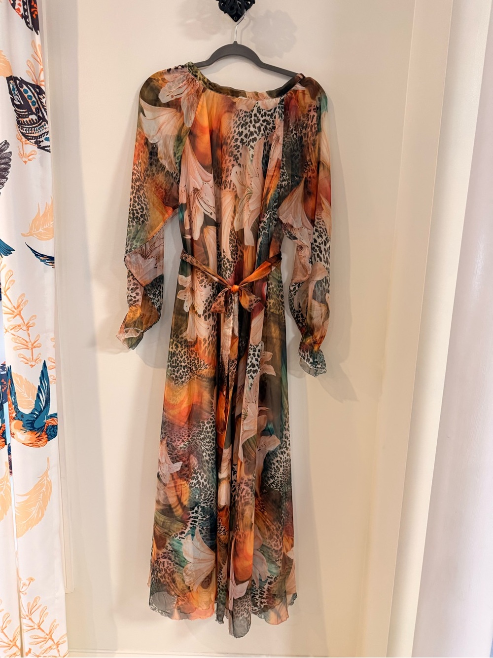 Flowing Floral-Print Long Sleeve Maxi Dress in Orange and Green